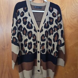 New York & Company Animal Print Cardigan - Black and Brown